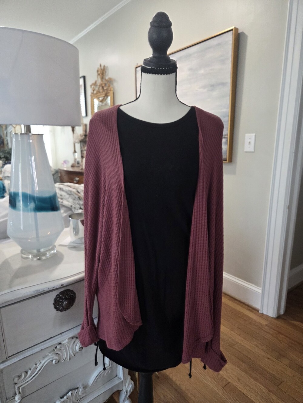 Wild Fable Black Ruched Side T-Shirt Dress + Jodi Waffle-Knit Cardigan | L/M
